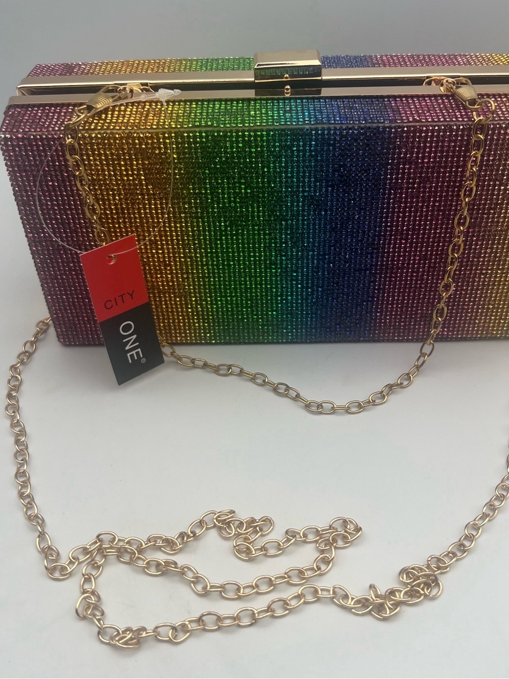 Rainbow Crystal Evening Clutch with Gold Chain